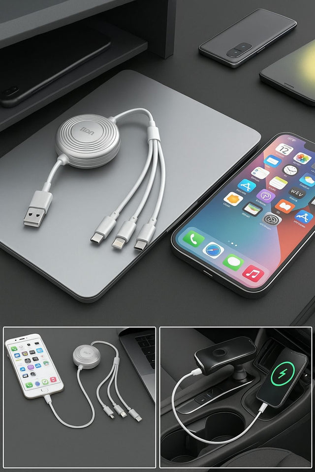 Cable Retráctil 3 en 1 Carga Rápida 100W para USB C/iPhone/Micro USB.